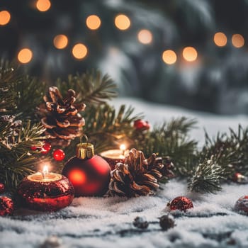 Decorative candles and ornaments rest on a snowy surface surrounded by pinecones and festive foliage, creating a cozy holiday atmosphere filled with warm lights.