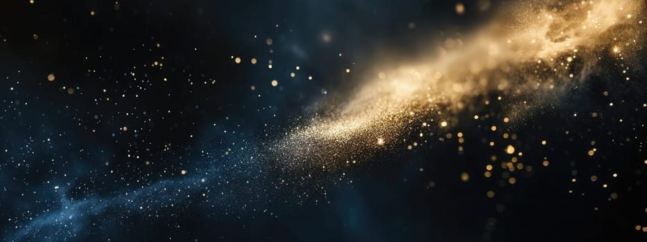 A breathtaking view reveals cosmic dust sparkling against a dark background, showcasing the vastness of the universe with shimmering golden and blue hues. This captivating spectacle inspires wonder.