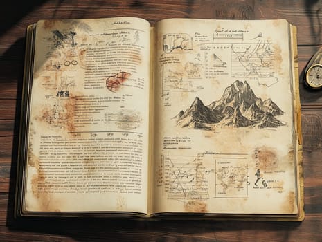 Open pages of an old geographical journal reveal detailed maps, sketches, and handwritten notes about mountainous regions, showcasing explorations and findings from the 19th century.