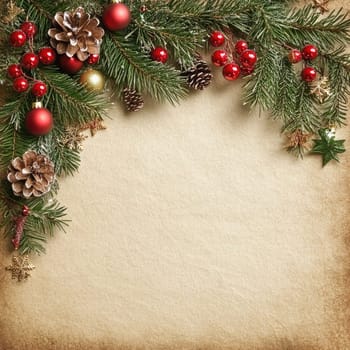 A decorative Christmas postcard background features pine branches adorned with red ornaments, pine cones, and golden accents, creating a cheerful holiday atmosphere perfect for greetings.