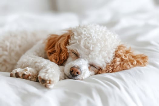 Brown-white poodle sleeping on pillow and under white blanket