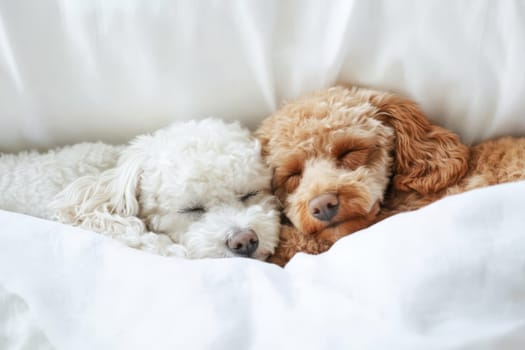 Brown and white poodles sleeping on pillow and under white blanket