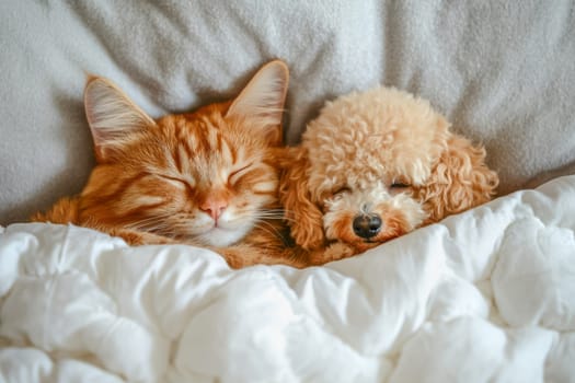 Ginger cat and Brown poodles sleeping on pillow and under white blanket