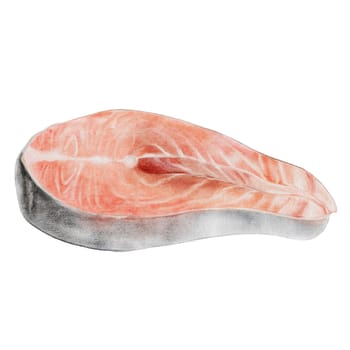 Raw salmon fillet watercolor illustration. Hand drawn red fish steak on white background. Food clip art. Ideal for farm fish packaging design, restaurant menus and culinary blogs. High quality illustration