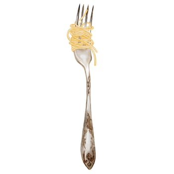 Fork with spaghetti watercolor illustration. Hand drawn italian macaroni on white background. Food clip art. Ideal for pasta packaging, restaurant menus and posters. High quality illustration
