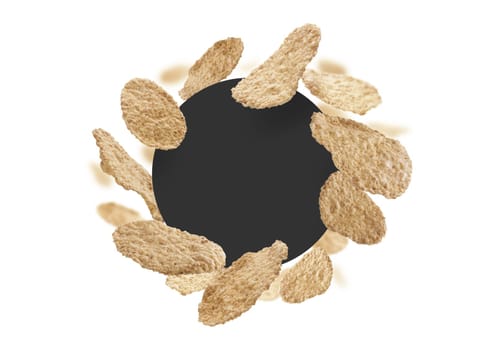 Rice flakes on a white background with a black circle in the center. The template for packaging
