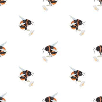 Bumblebee watercolor seamless pattern. Hand drawn bee with a flower on isolated white background. Clip art of garden insect. Ideal for honey package, textile and natural cosmetics and food. High quality illustration