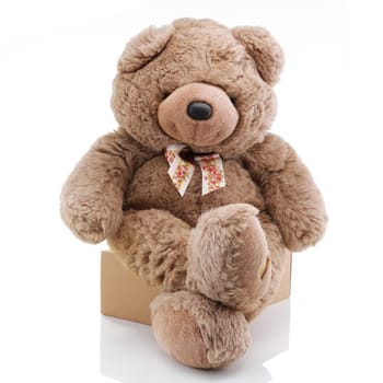 A big brown teddy bear sitting on a box with legs crossed