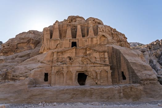 Obelisk Tomb and Bab as-Siq Triclinium burial caves in the Necropolis hills on walk from entrance to As Siq in Petra