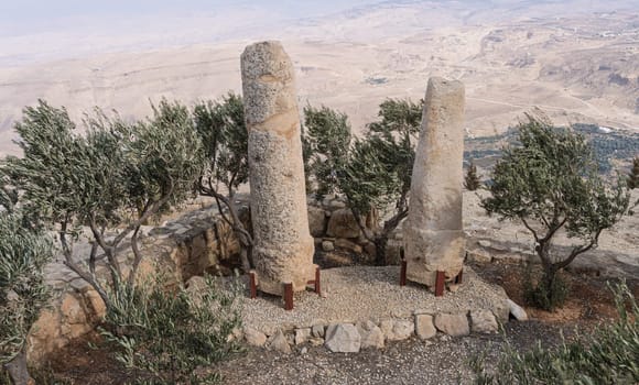 Roman milestone posts from roads in the area on display on Mount Nebo at Moses Memorial church