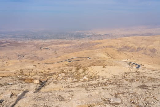 Arid landscape in Jordan seen from the summit of Mount Nebo