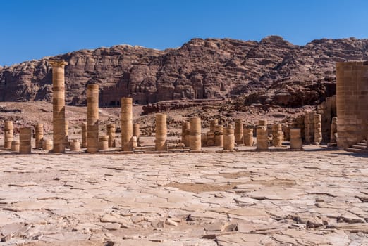 Columns at the Great Temple or Royal reception hall in Petra in Jordan
