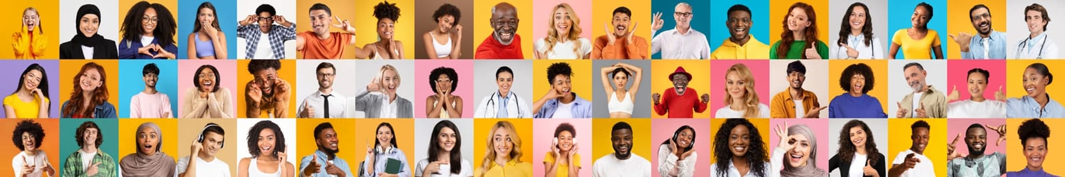 A vibrant collage features a diverse collection of people expressing joy and capturing unique lifestyles. Each portrait highlights individuality against colorful backgrounds, celebrating diversity.