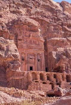 Massive Urm tomb mausoleum in the Royal Tombs of Petra built into the Jabal al-Khubtha rock massif