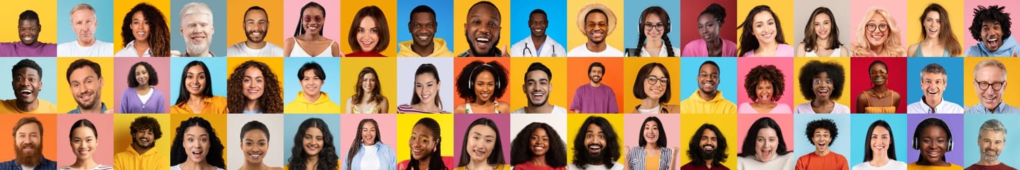 A vibrant collage of diverse people smiling in front of colorful backgrounds. This collection highlights the beauty of diversity and the joy of different lifestyles and identities.
