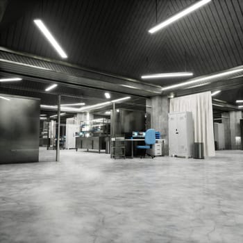 Advanced diagnostic lab with metallic equipment and illuminated ceiling panels in sterile testing environment. Clean healthcare space used for high precision experiments and lab workflows, 3D render