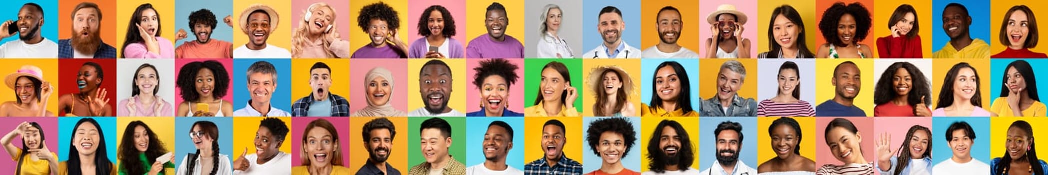 This collage features a collection of diverse individuals expressing joy and connection against colorful backgrounds.