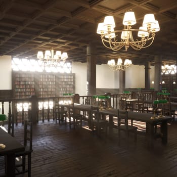 Empty two story university study area with wooden furniture. School library room with chandeliers, desks and classic green lamps, illuminated by soft natural light filtering through windows