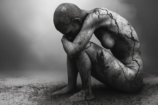 A woman is sitting on the ground with her hands on her knees. She is looking down and she is in a state of sadness or despair. Concept of loneliness and vulnerability