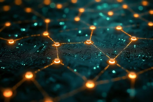 A computer chip with a network of orange and blue dots. Concept of complexity and interconnectedness