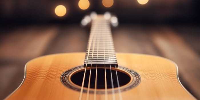 A close up of a guitar with a dark background. The guitar is the main focus of the image