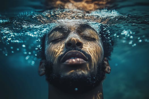 A man is swimming underwater with his face showing. The man is looking up at the camera. The water is clear and calm