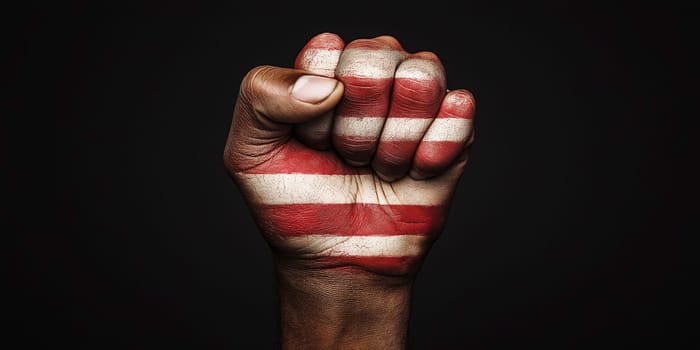 A hand with a red, white, and blue striped fist. The hand is painted with the stripes of the American flag