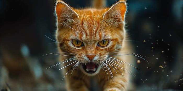 A cat with a fierce look on its face. The cat is orange and has a long, furry tail