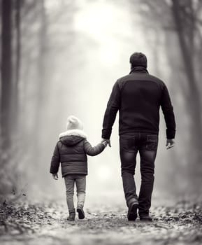 A man and a child are walking together in a forest. The man is holding the child's hand, and they seem to be enjoying their time together. Concept of warmth and companionship between the two