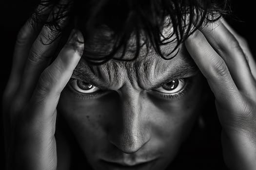A man with his hands on his head, looking at the camera. Concept of frustration or confusion