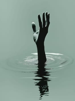A hand is in the water, with its fingers spread out. The water is calm and still, with ripples forming around the hand. Concept of loneliness and isolation, as the hand is alone in the water