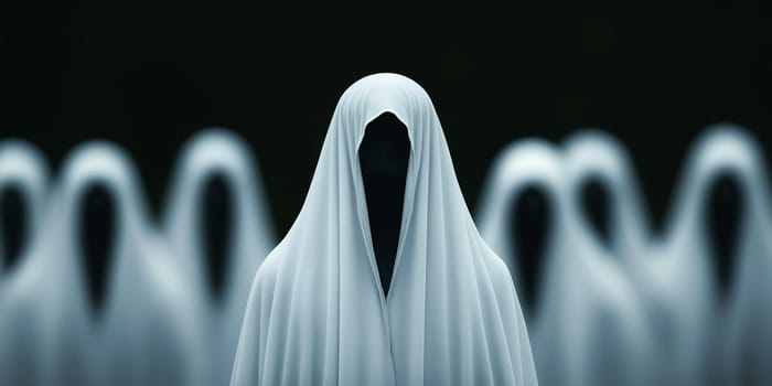 A group of people are dressed in white robes and hoods, with one person standing out in the center. The image has a spooky and eerie mood, with the white robes