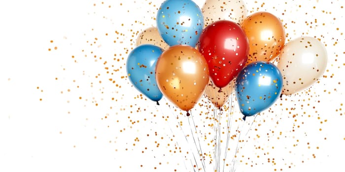 A bunch of colorful balloons with confetti falling around them. The balloons are in various colors, including red, blue, and yellow. The confetti adds a festive and celebratory atmosphere to the scene