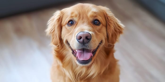 A happy golden retriever with its tongue out. The dog is smiling and looking at the camera
