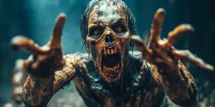 A zombie monster with its hands raised in the air. The monster is covered in dirt and has a large, bloody mouth. The scene is dark and eerie, with a sense of danger and fear