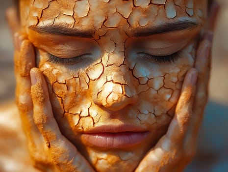 A woman with a face covered in dirt and sand. She is looking down at her hands. Concept of vulnerability and discomfort, as the woman's face is covered in a rough, uneven texture