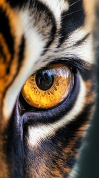 A close up of a tiger's eye with a yellow iris. The eye is surrounded by a black and white striped pattern