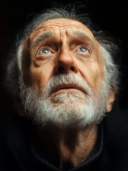 A man with a beard and gray hair is looking up at the camera. Concept of curiosity and contemplation