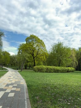 Vertical view of landscaped city park with winding tiled path, trimmed hedges, and lush green trees under dramatic sky. Ideal public space for walking, leisure, and nature appreciation