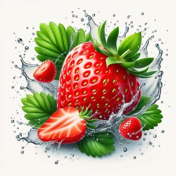 Fresh strawberry with green leaves, surrounded by splashing water. Vivid colors and dynamic movement make the image ideal for advertising and food marketing.