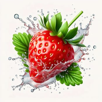 Fresh strawberry with green leaves, surrounded by splashing water. Vivid colors and dynamic movement make the image ideal for advertising and food marketing.