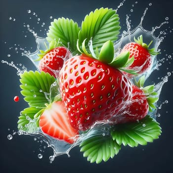 Fresh strawberry with green leaves, surrounded by splashing water. Vivid colors and dynamic movement make the image ideal for advertising and food marketing.