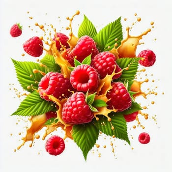 Fresh, juicy raspberries with green leaves, surrounded by splashing drops of water. Perfect for advertising or food marketing, lively, dynamic and appetizing.