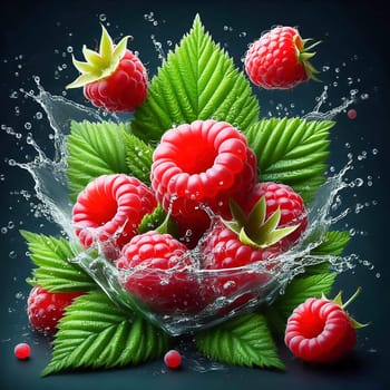 Fresh, juicy raspberries with green leaves, surrounded by splashing drops of water. Perfect for advertising or food marketing, lively, dynamic and appetizing.