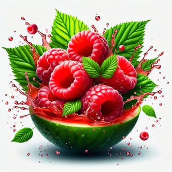Fresh, juicy raspberries with green leaves, surrounded by splashing drops of water. Perfect for advertising or food marketing, lively, dynamic and appetizing.