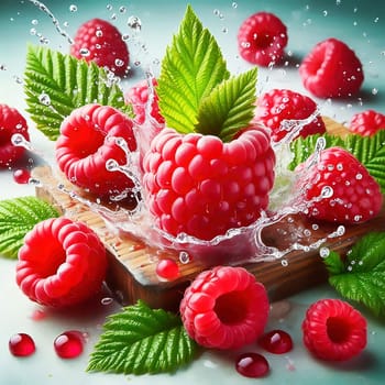 Fresh, juicy raspberries with green leaves, surrounded by splashing drops of water. Perfect for advertising or food marketing, lively, dynamic and appetizing.