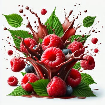 Fresh, juicy raspberries with green leaves, surrounded by splashing drops of water. Perfect for advertising or food marketing, lively, dynamic and appetizing.