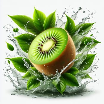 A juicy, green kiwi surrounded by splashing water and leaves. Dynamism and freshness make this image ideal for nature, food or wellness advertising.