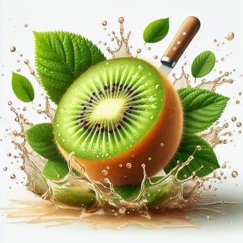 A juicy, green kiwi surrounded by splashing water and leaves. Dynamism and freshness make this image ideal for nature, food or wellness advertising.