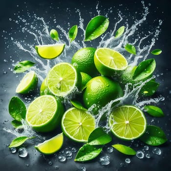 Tangy and fresh! Bright green limes, surrounded by dripping water, with vibrant leaves. Ideal for advertising all about freshness, enjoyment and exoticism.